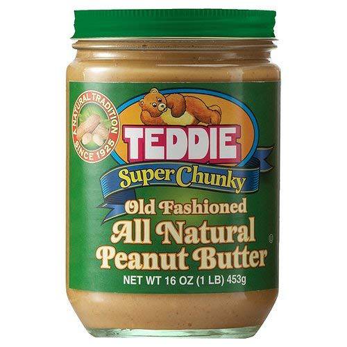 Teddie All Natural Peanut Butter, Super Chunky 2pk, Gluten Free & Vegan, 16 Ounce Glass (Super Chunky, 16 Ounce (Pack of 2))
