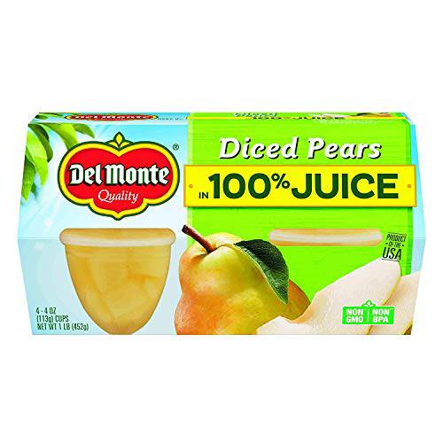 DEL MONTE Diced Pears in 100% Juice FRUIT CUP Snacks, 4 Count - Pack of 6