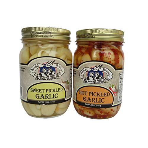 Amish Wedding All-Natural Hot and Sweet Pickled Garlic 15 Ounces (2 Jars)