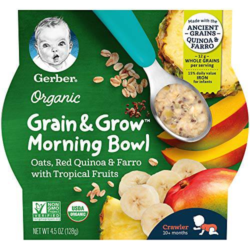 Gerber Organic Grain & Grow Morning Bowl, Oats, Red Quinoa & Farro with Tropical Fruits, 4.5 Ounce (Pack of 8)