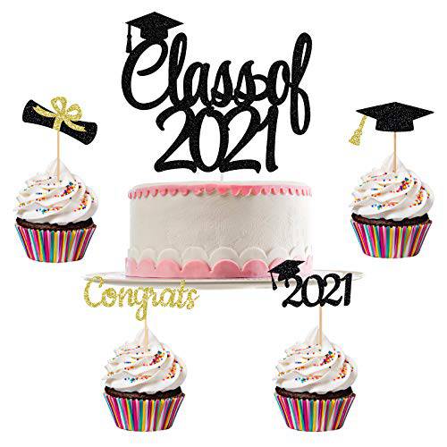 Class of 2022 Cake Topper Black Glitter and 24Pcs Graduation Cupcake Toppers 2022- 2022 Graduation Decoraitons,Graduation Cupcake Picks for Graduation Party Decorations 2022 Black and Gold