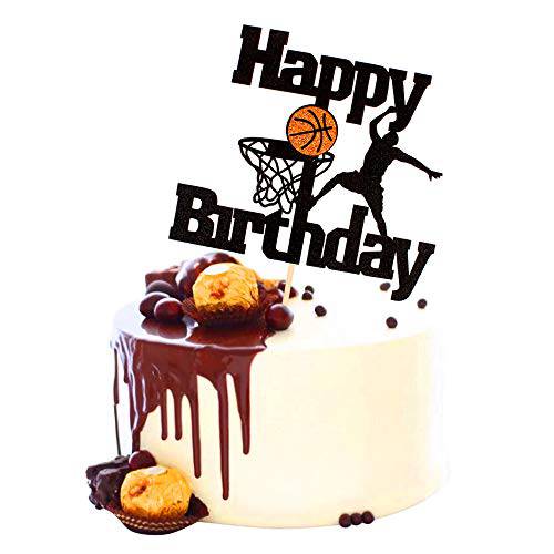 Unimall Basketball Happy Birthday Cake Topper Basketball Scene Themed Cake Fruit Picks for Man Boys Father Birthday Event Party Supply Black Glitter Decorations 1 Pack