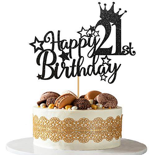 Ushinemi 21st Birthday Cake Topper - 21 Brithday Decorations for men women, Glitter Black