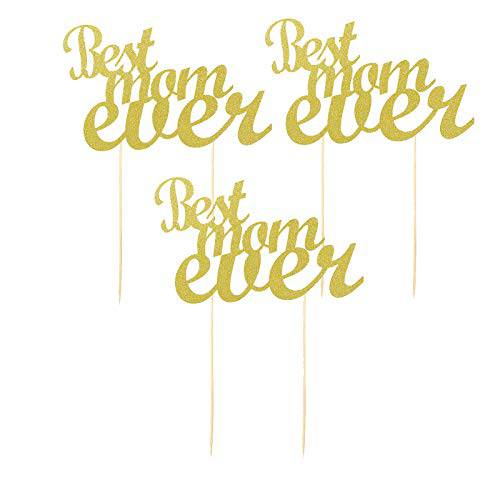 BinaryABC Mother’s Day Best Mom Ever Cake Topper,Mother’s Day Birthday Cake Decorations,Gold Glitter,3Pcs