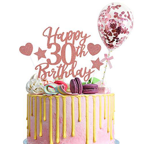 Larchio 30th Birthday Cake Topper, Rose Gold Happy 30th Birthday Cake Topper with Balloon Cake Topper and 4PCS Heart and Star Cupcake Topper for Women Birthday Cake Decoration