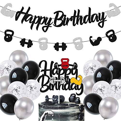 Gym Birthday Decorations Weightlifting Happy Birthday Banner Cake Topper Black Gray Latex Balloons for Gym Weight Lifting Cross Fit Fitness Themed Bday Party Supplies