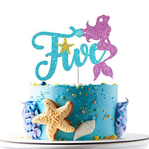 Mermaid Five Cake Topper, Happy 5th Birthday Cake Decor, I’m Five Sign, Little Mermaid Birthday Party Decoration Supplies, Daughter of the Sea, Under the Sea Themed, Ocean Themed - Glitter