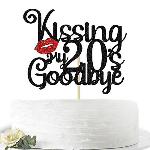 Glitter Kissing My 20’s Goodbye Cake Topper, Rip Twenties Cake Decor, Happy 30th Birthday Party Decoration Supplies(Black and Red)