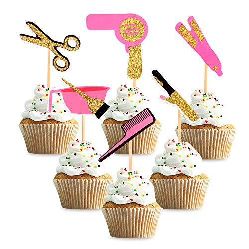 Ercadio 36 Pack Barbershop Themed Cupcake Toppers Gold Glitter Haircut Bachelorette Cupcake Picks Bridal Shower Birthday Party Cake Decorations Supplies (Style 01)