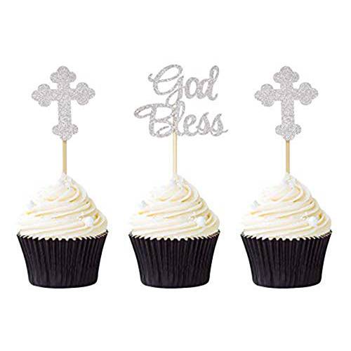 24PCS God Bless Cupcake Toppers Baptism Decorations Christian Party Decors Supplies