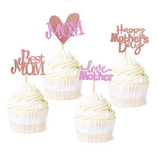 Ercaido 48 Pack Happy Mother’s Day Cupcake Toppers Rose Gold Glitter Love Mother Best Mom Theme Cupcake Picks Happy Mother’s Day Theme Party Cake Decorations Supplies