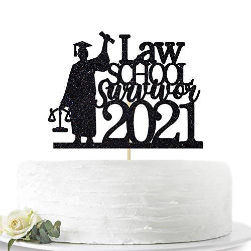 Black Glittery Law School Survivor 2021 Cake Topper - Congrats Lawyer Cake Topper - Law School Graduation Party Decoration Supplies