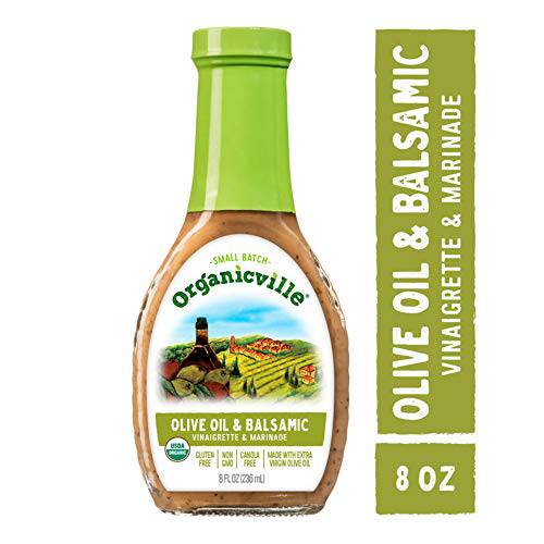 Organicville Olive Oil & Balsamic Vinaigrette 8 oz Certified Organic, Non-GMO, Gluten Free, Vegan Salad Dressing or Marinade Classic Flavor Enhanced by Fresh, All-Natural Ingredients