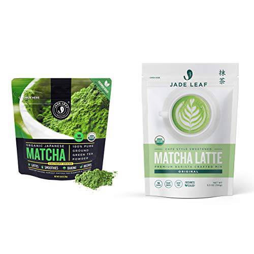 Jade Leaf Matcha + Latte Mix Bundle - Organic Matcha Green Tea Powder Culinary Pouch (30g) and Cafe Style Sweetened Matcha Latte Mix (150g)