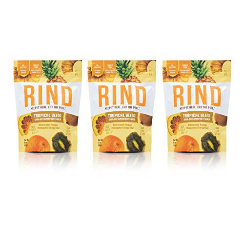 RIND Snacks Tropical Blend Dried Fruit Superfood, Bittersweet Orange, Organic Pineapple, Tangy Kiwi, High Fiber, Vegan, Paleo, Non-GMO, 3oz, 3 Pack