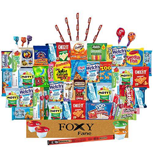 Foxy Fane 60ct Gift Snack Box - Ultimate Care Package with Variety Assortment of Crackers, Cookies, Candy, Chips & other Snacks - Bundle of Delicious Treats (60 Snacks - Value Pack)