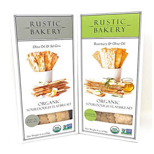 Generic Rustic Bakery Crackers Organic Rosemary Sourdough Gourmet Flatbread Twice Baked Variety Bundle with Kokobunch Kit | Olive Oil & Sel Gris , Rosemary & Olive Oil- 6 oz