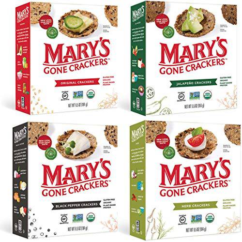 Mary’s Gone Crackers Legacy Variety Pack, Original, Jalapeno, Black Papper, Herb, 6.5 Oz (Pack of 4), Organic Brown Rice, Flax & Sesame Seeds, Gluten Free