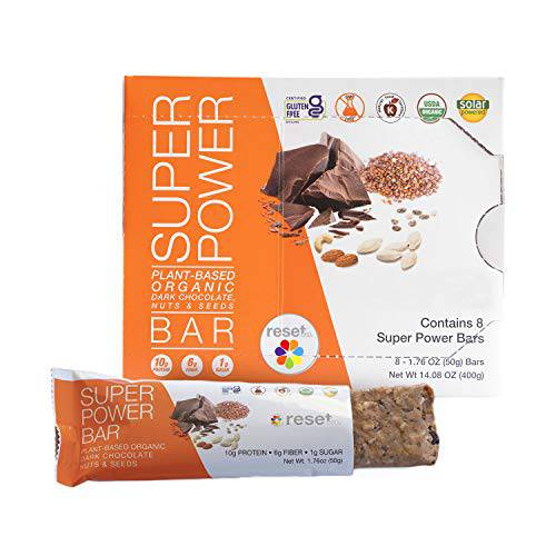 Reset360 Super Power Bar | Healthy Snack Bars, USDA Certified Organic Energy Bars, Plant Based Protein, Gluten & GMO Free Meal Replacement Bars | Dark Chocolate, Nuts and Seeds, 12 Bars per Box, 1 Pack