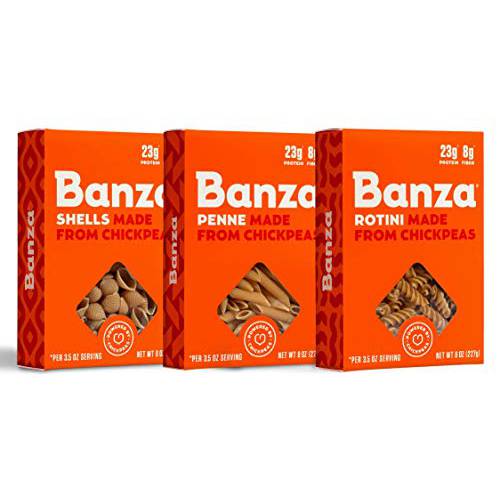 Banza Banza Chickpea Pasta, Variety Pack (1 Penne/1 Rotini/1 Shells) - Gluten Free Healthy Pasta, High Protein, Lower Carb and Non-GMO, 8 Ounce (Pack of 3)