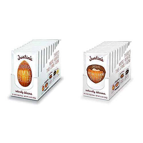 Justin’s Cinnamon Almond Butter Squeeze Packs, Gluten-free, Non-GMO, Responsibly Sourced, 1.15 Oz, Pack of 10 & Justin’s Chocolate Hazelnut & Almond Butter Squeeze Pack, Organic Cocoa (1.15oz each)
