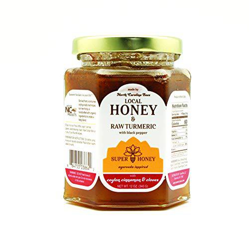 Super Honey - North Carolina Honey - Honey with Turmeric Ceylon Cinnamon, Black Pepper & Cloves - Honey for Tea - Ayurveda Inspired Pure Raw Honey - 12oz Jar