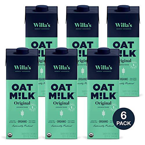 Willa’s Unsweetened Organic Oat Milk, 32 oz, 6 pack - Low Sugar (1g), Vegan, Plant Based, Non-GMO, Shelf-Stable, & Made from Whole Grain Oats