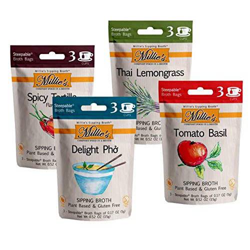 MILLIE’S SIPPING BROTH Steepable Vegetable Broth with Savory Seasonings for Snack Urges | Vegan, Keto, Gluten Free, Intermittent Fasting, and natural | (4 Pack Assortment - 12 Broth Bags Total)