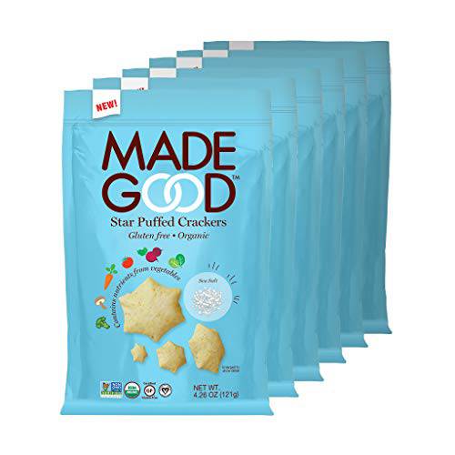 Made Good Sea Salt Star Puffed Crackers, Gluten Free and USDA Organic 6 Bags (4.26 oz Each) Contain Nutrients of One Full Serving of Vegetables, Nut and Allergen Free Snacks