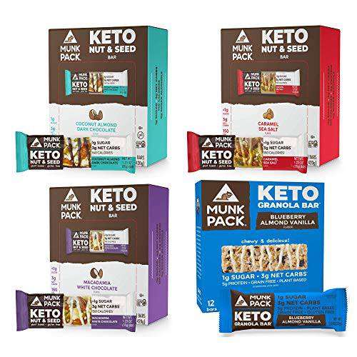 Munk Pack Keto Bars 48 Pack (NSB - Caramel Sea Salt 12 Pack, Coconut Almond Dark Chocolate 12 Pack, Macadamia White Chocolate 12 Pack), (KGB - Blueberry Almond Vanilla 12 Pack)
