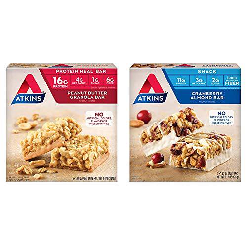 Atkins Protein Meal Bar, Peanut Butter Granola, 5 Count & Atkins Snack Bar, Cranberry Almond, 5 Count