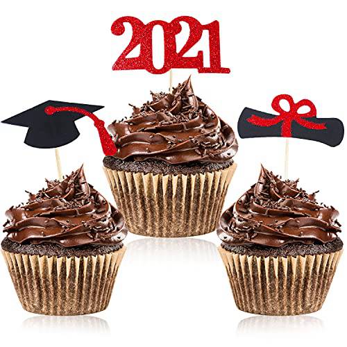 Larchio 48pcs Red Graduation Cupcake Topper 2022, Graduation Cupcake Picks Glitter Grad Cap Topper for Red Graduation Cupcake Decorations 2022