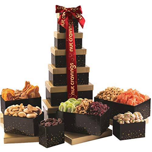 Christmas Gift Basket Holiday Dried Fruit & Nuts Black Tower + Heart Ribbon (12 Assortments) Gourmet Food Bouquet Xmas Arrangement Platter, Birthday Care Package, Healthy Kosher Snack Box - Families