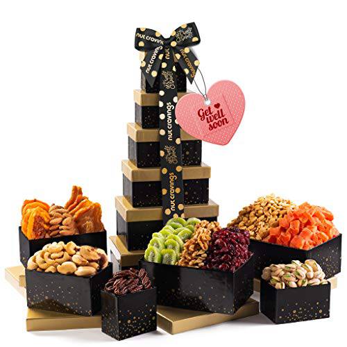Get Well Soon Tower Gift Basket Gourmet Nuts & Dried Fruits, Custom Ribbon (12 Assortments) Sick Friend Healthy Food Platter, Feel Better After Surgery Recovery Care Package Variety, Kosher Snack Box