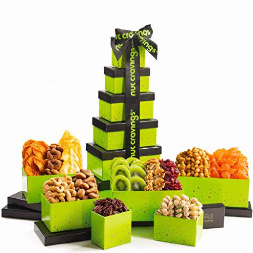 Christmas Gift Basket Holiday Dried Fruit & Nuts Green Tower + Ribbon (12 Assortments) Gourmet Food Bouquet Xmas Arrangement Platter, Birthday Care Package, Healthy Kosher Snack Box - Adults Men Women