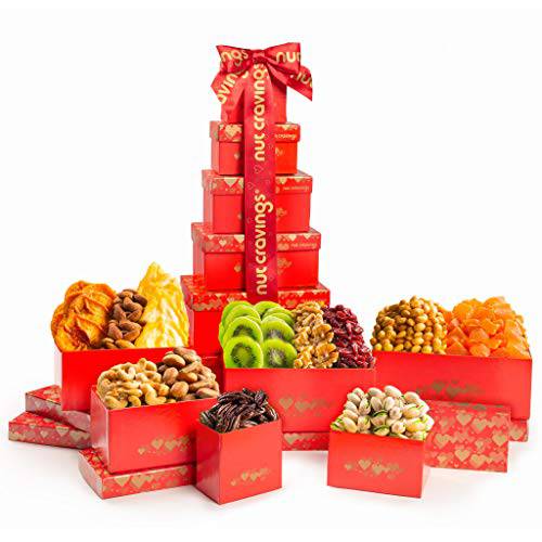 Christmas Gift Basket Holiday Dried Fruit & Nuts Red Tower + Ribbon (12 Assortments) Gourmet Food Bouquet Xmas Arrangement Platter, Birthday Care Package, Healthy Kosher Snack Box - Families Adults