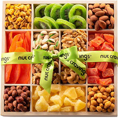 Christmas Gift Basket Holiday Mixed Dried Fruit & Nuts in Reusable Wooden Tray + Ribbon (12 Assortments) Gourmet Food Bouquet Xmas Arrangement Platter, Birthday Care Package, Healthy Kosher Snack Box
