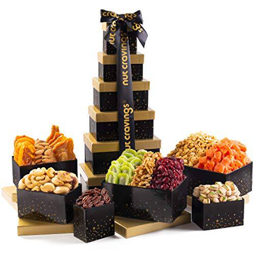 Christmas Gift Basket Holiday Dried Fruit & Nuts Black Tower + Ribbon (12 Assortments) Gourmet Food Bouquet Xmas Arrangement Platter, Birthday Care Package, Healthy Kosher Snack Box - Adults Men Women