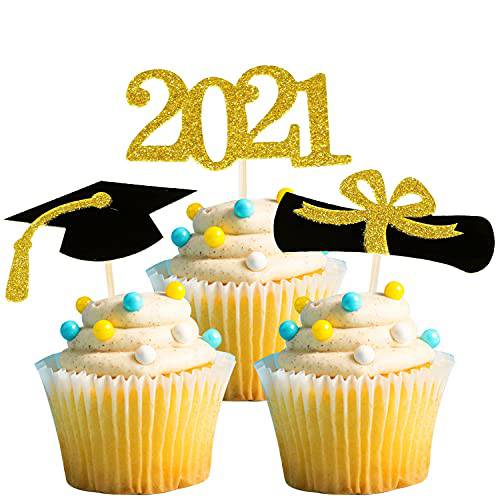 Larchio 48pcs Graduation Cupcake Toppers 2022, Gold Graduation Cupcake Picks Glitter Grad Cupcake Topper for 2022 Graduation Cupcake Decorations