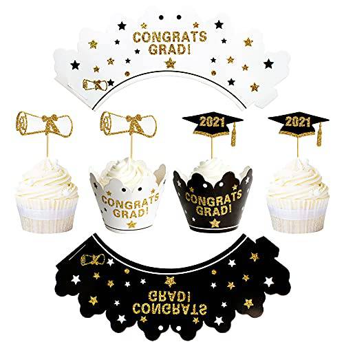 Ercadio 36 Pack Assembled 2022 Graduation Cupcake Toppers and Congrats Grad Wrappers Glitter Diploma Cupcake Picks for 2022 Graduation Theme Party Cake Decorations Supplies ( 24 PCS Toppers + 12 PCS wrappers )