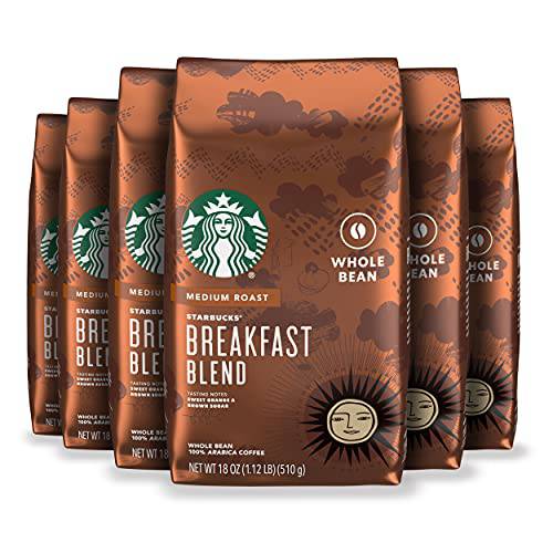 Starbucks Whole Bean Coffee—Medium Roast Coffee—Breakfast Blend—100% Arabica—6 bags (18 oz)