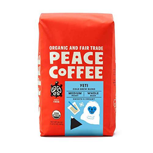 Peace Coffee Yeti Cold Brew Blend (Peru, Nicaragua and Guatemala Origins), Organic Fair Trade Medium Roast Coffee, Whole Bean 20 oz. Bag
