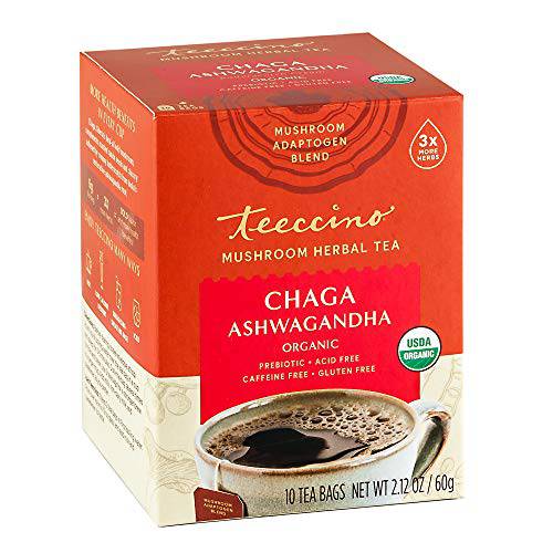 Teeccino Mushroom Adaptogen Tea – Chaga Ashwagandha Butterscotch Cream Herbal Tea with Wild-Harvested Chaga Mushrooms & Ayurvedic Ashwagandha Root for Immune Support, 10 Tea Bags