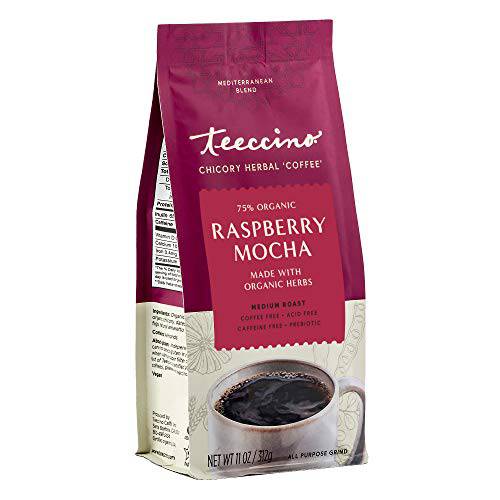 Teeccino Chicory Coffee Alternative – Raspberry Mocha – Ground Herbal Coffee That’s Prebiotic, Caffeine Free & Acid Free, Dark Roast, 11 Ounce (Pack of 1)