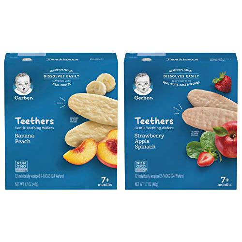 Gerber Teethers Gentle Teething Wafers Variety Pack - 1 Box Banana Peach, 1 Box Strawberry Apple Spinach - 12 CT/Box (Pack of 2 Boxes)