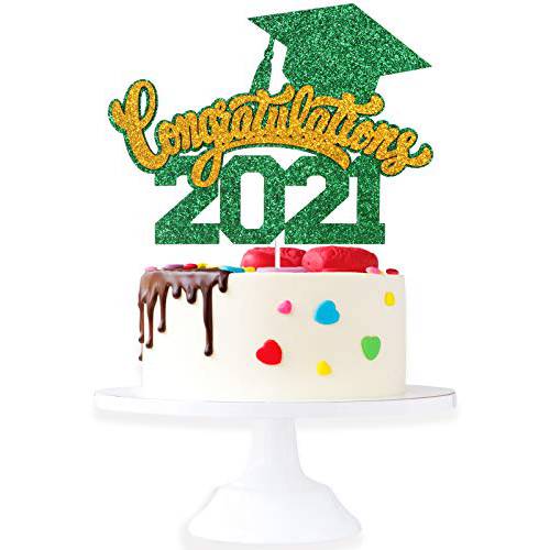 Congratulations 2021 Graduation Cake Topper - Class Of 2021 Grad Party Green Glitter Cake Supplies - Congrats High School College Graduation Party Decoration