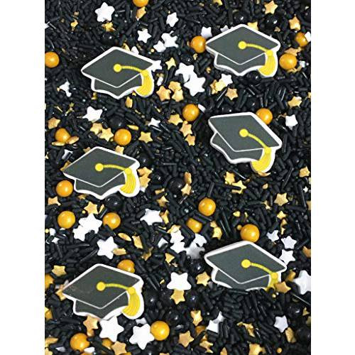 12 Graduation Hat Sugars 4oz Edible School Graduation Hat Class Confetti Sprinkles Cake Cookie Cupcake IceCream Donut Quins Decoration Toppers (Golden Deluxe Kit)