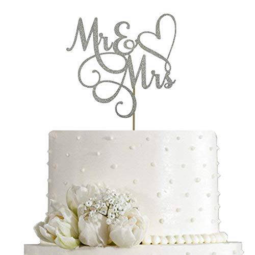 2Pcs Silver Glitter Mr & Mrs Cake Topper - Wedding, Engagement, Wedding Anniversary Cake Toppers Decorations (Pack of 2Pcs)