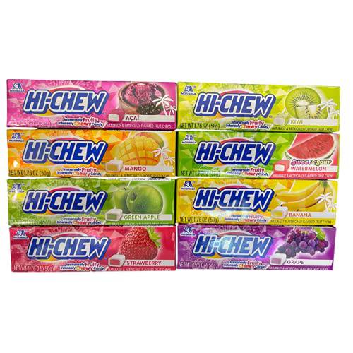 Hi-Chew Sticks Assorted 8 Flavors 1.76 oz Each - (1) 10 Piece Stick of each (Grape, Kiwi, Watermelon, Acai, Banana, Mango, Strawberry, Green Apple) - Total 8