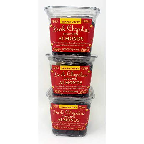 Trader Joes Dark Chocolate Covered Almonds - Pack of 3 Tubs - 16 oz per Tub
